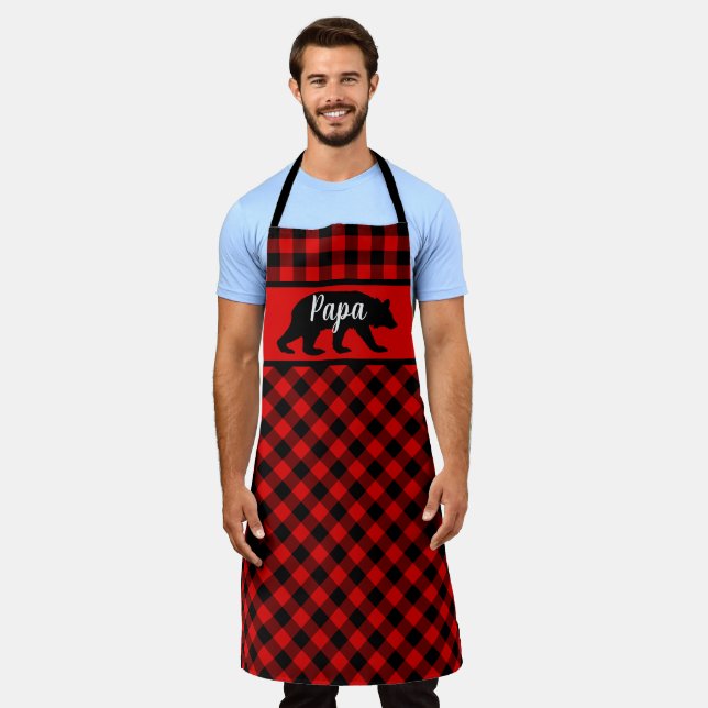 Custom Papa Mama Bear On Red Black Buffalo Checks Apron (Worn)