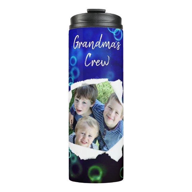 Custom Paper Hole Photo Bubbles On Blue Template Thermal Tumbler (Front)