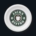 Custom Paper Plates with coffee bean business logo<br><div class="desc">Custom Paper Plates with coffee bean business logo. Add your own company name or slogan. Fun party supplies for shop, bistro, cafe, bar, pub, lunch room, Birthday party, wedding, BBQ, event and more. Add your own personalized text or image. Vintage emblem design with green and brown colours including a coffee...</div>