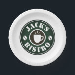Custom Paper Plates with coffee bean business logo<br><div class="desc">Custom Paper Plates with coffee bean business logo. Add your own company name or slogan. Fun party supplies for shop, bistro, cafe, bar, pub, lunch room, Birthday party, wedding, BBQ, event and more. Add your own personalized text or image. Vintage emblem design with green and brown colours including a coffee...</div>