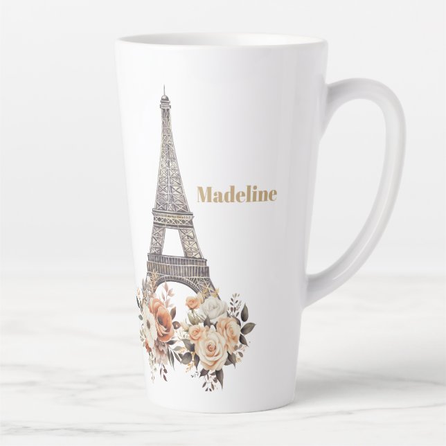 Custom Paris Eiffel Tower Beautiful Floral Latte Mug (Right)