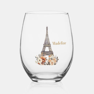 Custom Paris Eiffel Tower Beautiful Floral Stemless Wine Glass