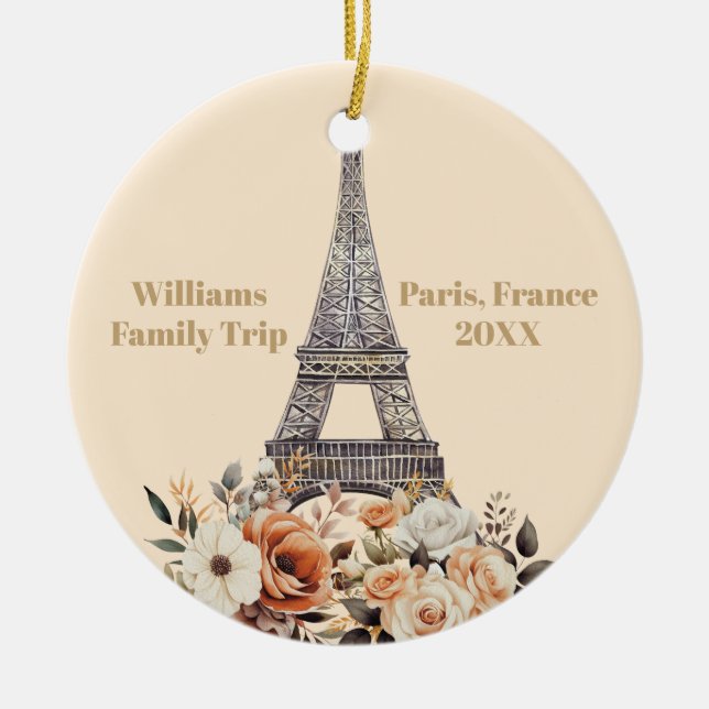 Custom Paris Trip Eiffel Tower Floral Christmas Ceramic Ornament (Front)