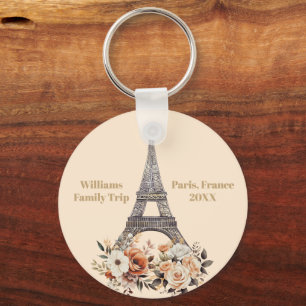 Custom Paris Trip Eiffel Tower Floral Keychain