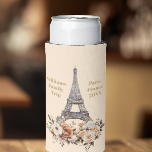 Custom Paris Trip Eiffel Tower Floral Seltzer Can Cooler