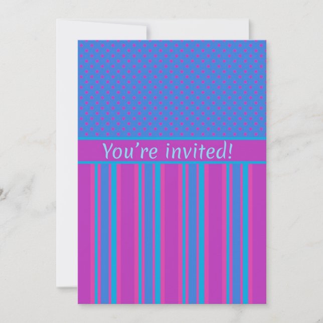 Custom Party Invitation Magenta Blue Polkas Stripe (Front)