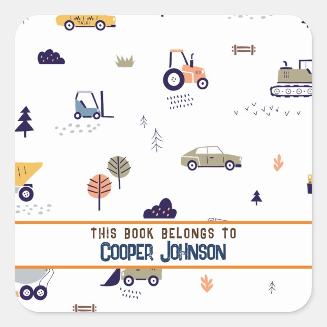 Custom pastel blue and orange car name bookplate square sticker (Front)