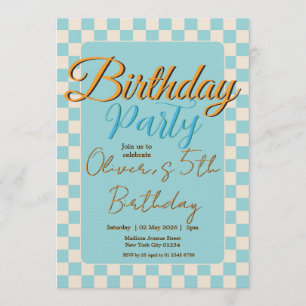 Custom Pastel Blue Checkered Birthday Party Invitation