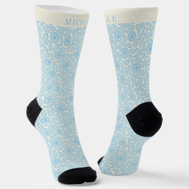 Custom Pastel Blue Green Cream Paisley Pattern  Socks (Angled)