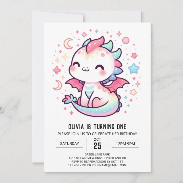 Custom Pastel Dragon 1st Birthday Invitation (Front)