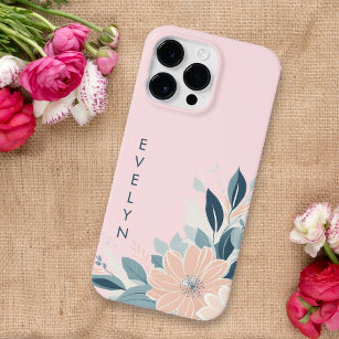 Custom Pastel Floral Frame Delicate Pink Cute Name Case-Mate iPhone 14 Pro Max Case