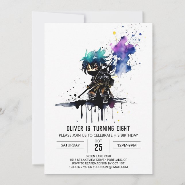 Custom Pastel Ninja Boy Digital Birthday Invitation (Front)