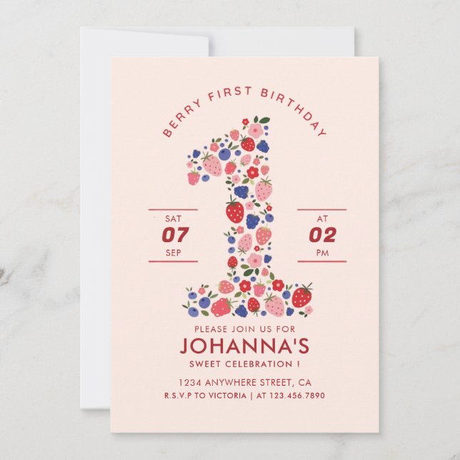 Custom Pastel Pink Berry Sweet Strawberry Fruits Invitation (Front)