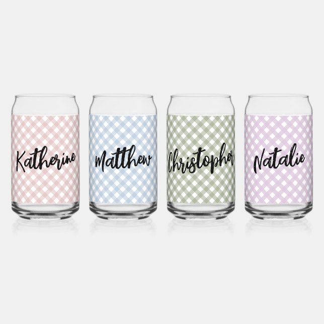 Custom Pastel Pink Blue Green Purple Plaid Pattern Can Glass (Front)