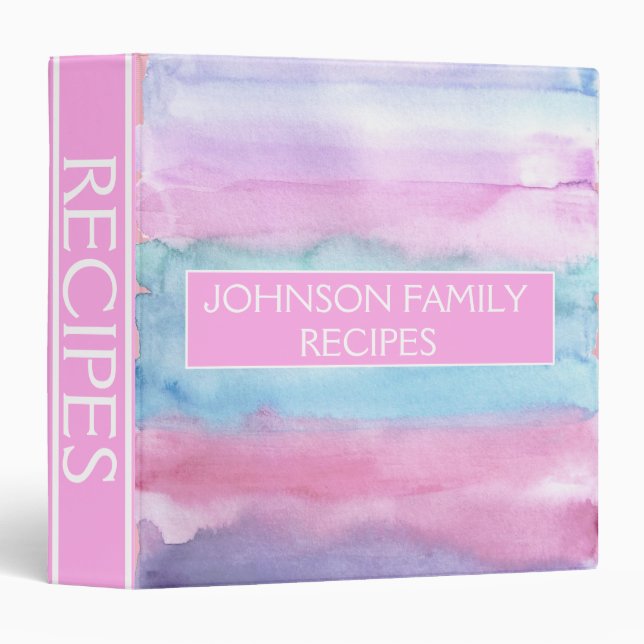 Custom Pastel Pink Blue White Watercolor Recipe Binder (Front/Spine)