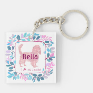 Custom pastel pink cavalier Photo & Name Keychain