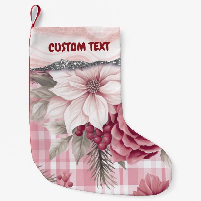 Custom Pastel Pink Christmas Floral Plaid  Small Christmas Stocking (Front)