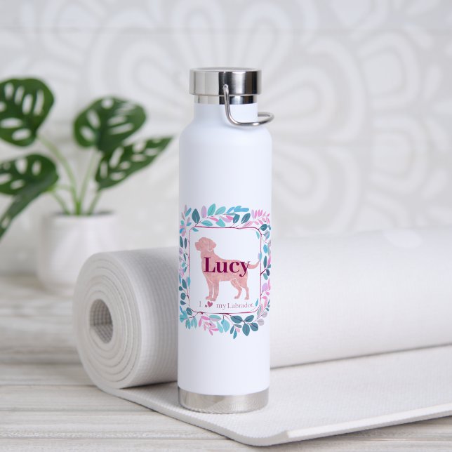 Custom pastel pink Labrador Retriever water bottle (Yoga (Rotated))
