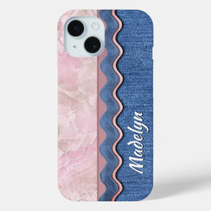 Custom Pastel Pink Marble On Denim Blue Jeans iPhone 15 Case