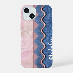 Custom Pastel Pink Marble On Denim Blue Jeans iPhone 15 Case