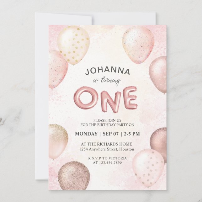 Custom Pastel Pink White Balloons Glitter Monogram Invitation (Front)