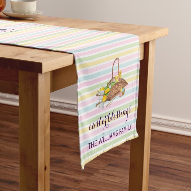 Custom Pastel Stripes Modern Floral Easter Garden Short Table Runner (In Situ)