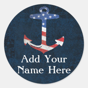 Custom Patriotic American Flag Anchor Nautical Classic Round Sticker