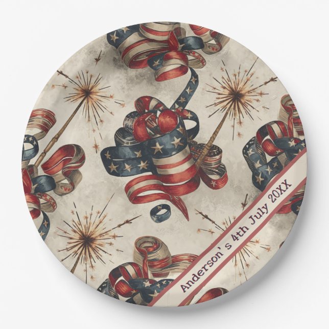 Custom Patriotic Flag Banner Fireworks 4th July Paper Plate (Front)
