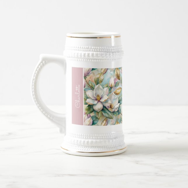 Custom Pattern Elegant Magnolia Flowers Beer Stein (Left)