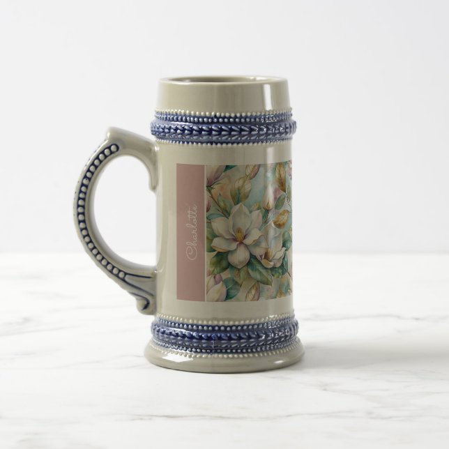 Custom Pattern Elegant Magnolia Flowers Beer Stein (Left)