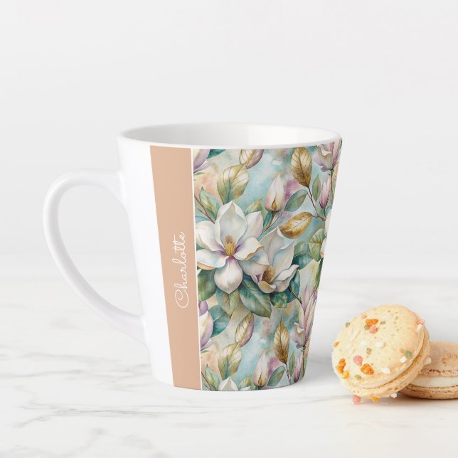 Custom Pattern Elegant Magnolia Flowers Latte Mug (In Situ)