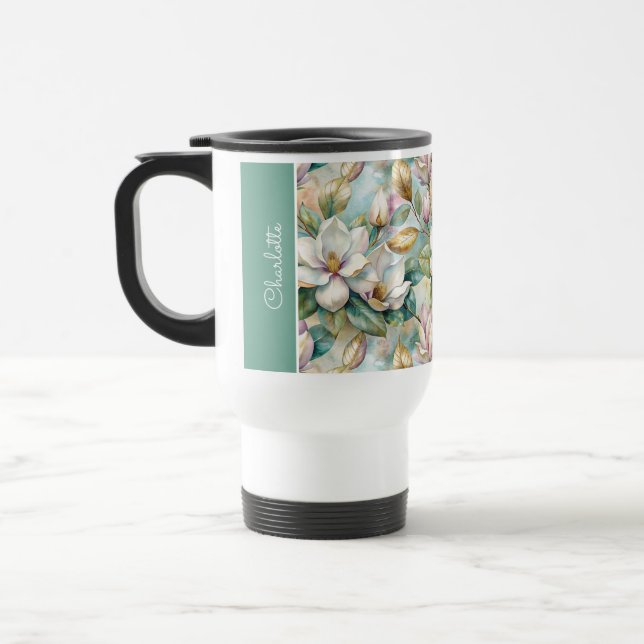 Custom Pattern Elegant Magnolia Flowers Travel Mug (Left)