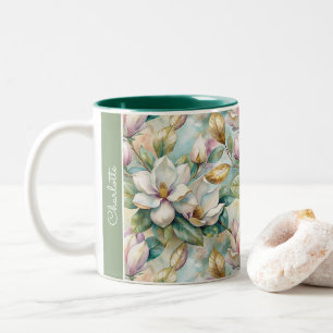 Custom Pattern Elegant Magnolia Flowers Two-Tone Coffee Mug