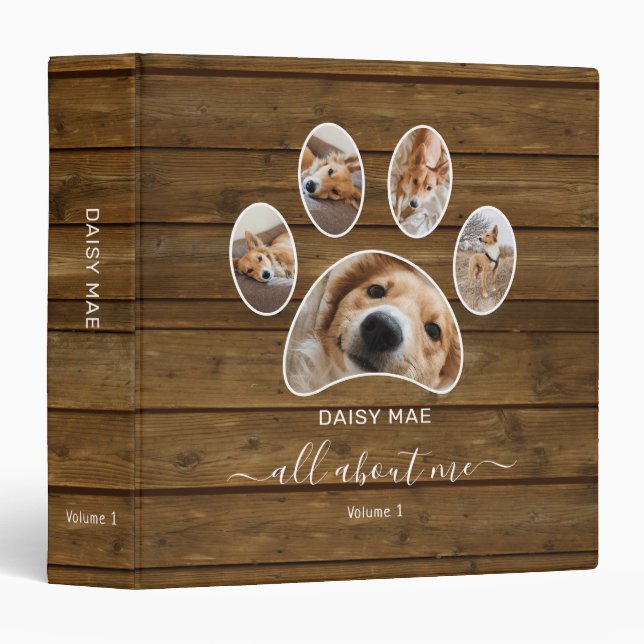 Custom Paw Print Pet Photo Collage Name Rustic Binder (Front/Spine)