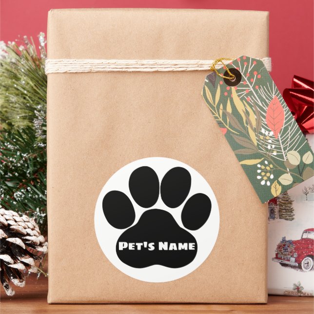 Custom Paw Print Pet's Name Classic Round Sticker (Holiday)