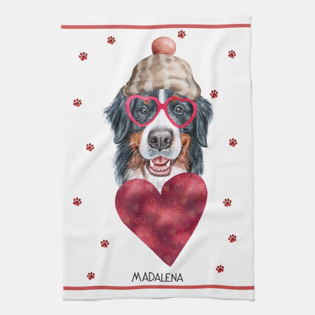 Custom Paws Dog Lover Valentine Gift Bernese Kitchen Towel (Vertical)