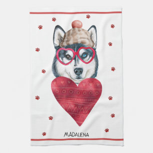 Custom Paws Dog Lover Valentine Gift Husky Kitchen Towel