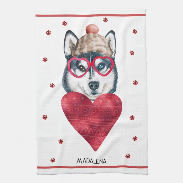 Custom Paws Dog Lover Valentine Gift Husky Kitchen Towel (Vertical)