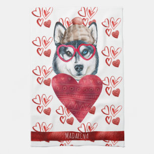 Custom Paws Dog Lover Valentine Gift Husky Kitchen Towel