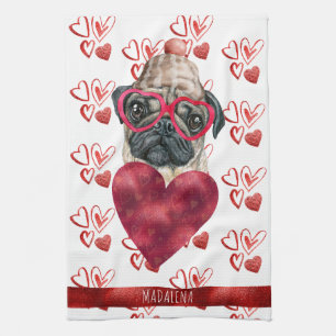 Custom Paws Dog Lover Valentine Gift Pug Kitchen Towel