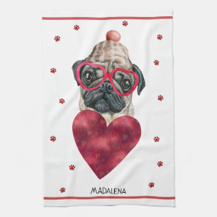 Custom Paws Dog Lover Valentine Gift Pug Kitchen Towel