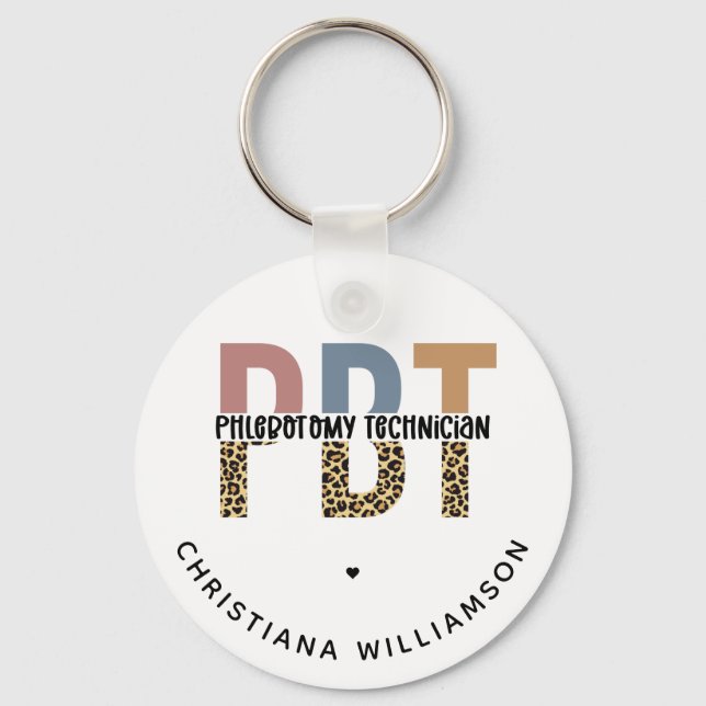 Custom PBT Phlebotomy Technician Leopard Print Keychain (Front)