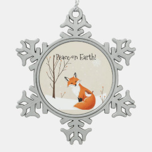 Custom  Peace Earth Minimalist Fox Bird Animal Snowflake Pewter Christmas Ornament