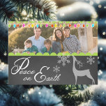 Custom Peace on Earth Chalkboard Holiday Photo<br><div class="desc">A chalkboard look background with cool white text that reads "Peace on earth" on front and "Joy to the World" on back with snowflakes, a white silhouette deer, and colourful tree lights with areas you can customize with your names and photo! This fun, colourful holiday photo card is a must...</div>