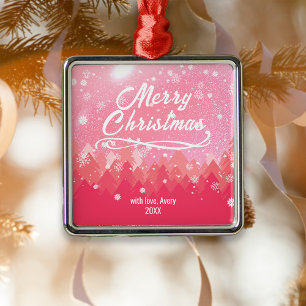Custom Peaceful Pink Snow Forest Merry Christmas Metal Ornament