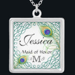 Custom Peacock Personalized Maid of Honour Silver Plated Necklace<br><div class="desc">Featuring two hand painted peacock feathers and a frame of calligraphic swirls, this design is both contemporary and timeless! Change the date, change the font if you like another better and then select your swirl colour by changing the background colour and you have an awesome bridal party gift or wedding...</div>