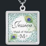 Custom Peacock Personalized Maid of Honour Silver Plated Necklace<br><div class="desc">Featuring two hand painted peacock feathers and a frame of calligraphic swirls, this design is both contemporary and timeless! Change the date, change the font if you like another better and then select your swirl colour by changing the background colour and you have an awesome bridal party gift or wedding...</div>