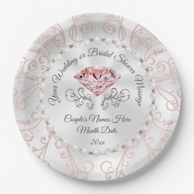 Custom Pearls and Blush Pink Diamond Paper Plates (Front)