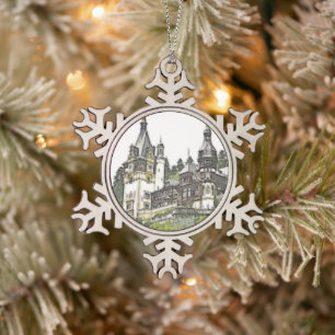 Custom Peles Castle Romania Snowflake Pewter Christmas Ornament