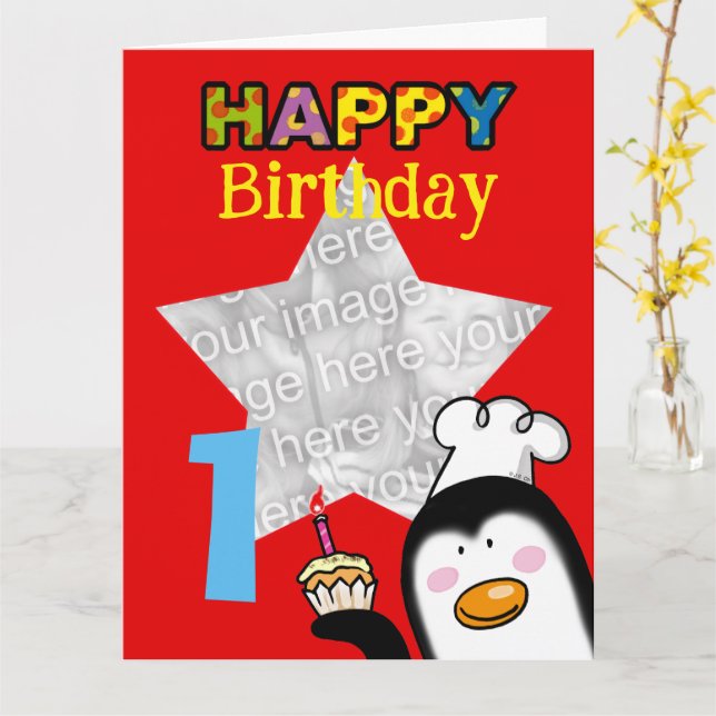 Custom Penguin 1st Birthday Photo Card (Yellow Flower)